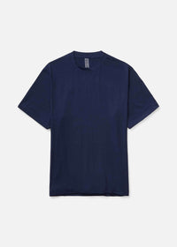 Flat lay of ThinkFast Vent Shortsleeve in Navy, featuring a breathable mesh back panel for ventilation.