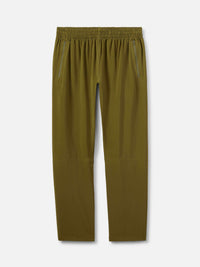 Flat lay of Zephyr 26" Pant in Olive, featuring zippered pockets and a custom-fit drawstring waist.