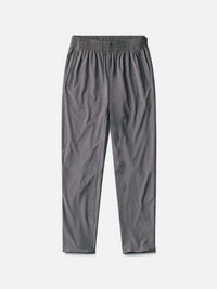 Flat lay of Zephyr 29" Pant in Gray, featuring a custom-fit drawstring waist and zippered pockets.