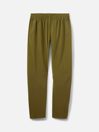 Flat lay of Zephyr 29" Pant in Olive Green, featuring zippered pockets and a custom-fit drawstring waist.