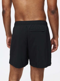 Back view of Zephyr 5" Short in Black, showing the custom-fit drawstring waist and zippered pocket.